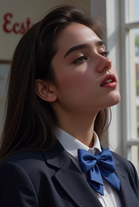 (masterpiece, best quality:1.5), 
1girl, Alone,
waist shot, from the side view, her beautiful profile.,
she closed her eyes., 
She is slightly looking up and her glossy lips sensually opened.,
she wears a tidy dark blue blazer school uniform and white shir...