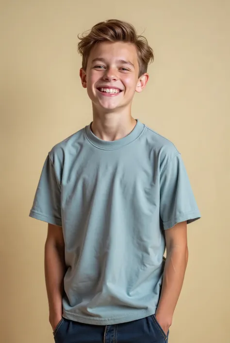 Photo of 18-year-old boy standing with a smile on a simple, gentle and friendly background and looking at the camera