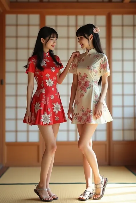  realistic style ， like a real person photo ，Full body front view， Two Chinese Idols Beautiful Girls，appearance、Hair length 、Hairstyles are completely different， One Short Hair Another Long Hair， dancing，Charming summer short low-cut high-cut cheongsam，Tat...