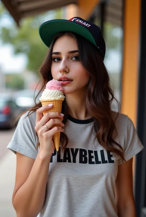 Realistic photo of a cute 27 yr old Ecuadorian woman with mid/long hair petite and a sexy pose, taking an ice cream casually wearing a shirt with the word playbelle on it and using an urban cap