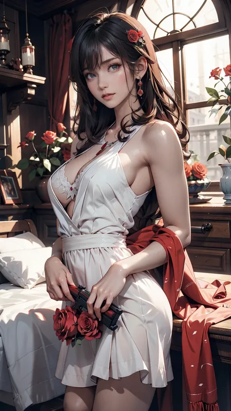  Anime Girl in a White Dress with Long Black Hair and Red Roses,  full body tattoo,  Detailed Beautiful Eyes  , Gwaiz, Gwaiz on pixiv artstation,  Detailed Digital Anime Art,  beautiful anime girl, Gwaiz on artstation pixiv,  anime style 4k with AK5 rifle,...