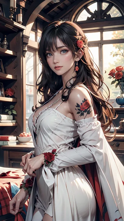  Anime Girl in a White Dress with Long Black Hair and Red Roses,  full body tattoo,  Detailed Beautiful Eyes  , Gwaiz, Gwaiz on pixiv artstation,  Detailed Digital Anime Art,  beautiful anime girl, Gwaiz on artstation pixiv,  anime style 4k with AK5 rifle,...