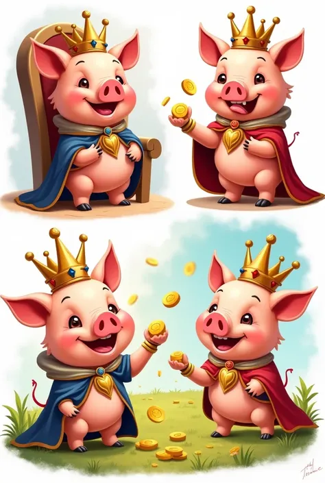 a happy piggy with crown and king's cape in various poses 1 seated 2 standing 3 with glass francs and one in the field cartoon 