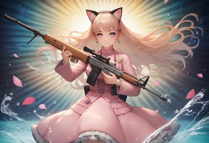 Anime girl with long hair and colorful eyes and pink dress,  anime style 4k with AK5 rifle,  anime art wallpaper 8k ,  anime art wallpaper 4k ,  Anime Art Wallpaper 4K,  with long blond hair and cat ears ,  Splash Art Anime Lori , Anime Abstract Art ,  Bes...