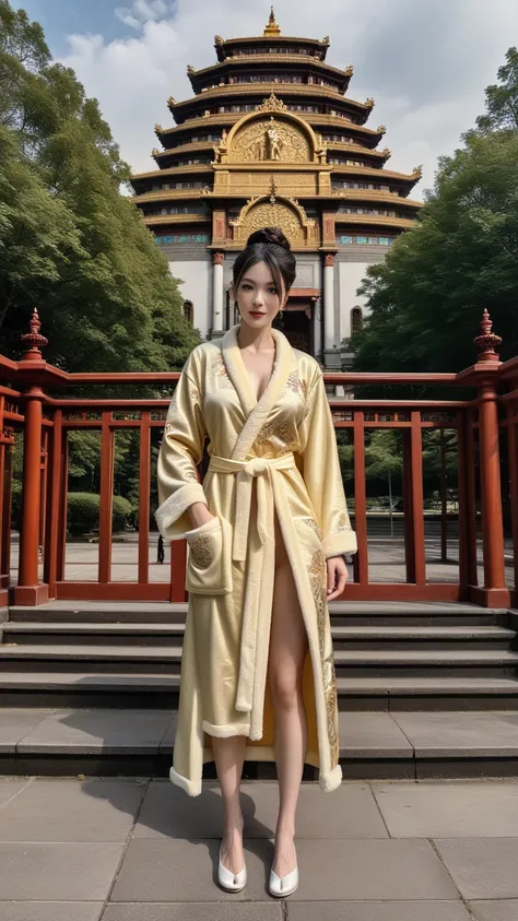 (  highest resolution  , 【【8k, masterpiece:1.3), 
  Elegant Woman  , Chinese goddess, women&#39;s shirts , charming ,   Confident Pride  ,    Chinese Royal Hairstyle   ,
(   She is wearing a yellow luxurious Chinese palace transparent light tulle bathrobe:...