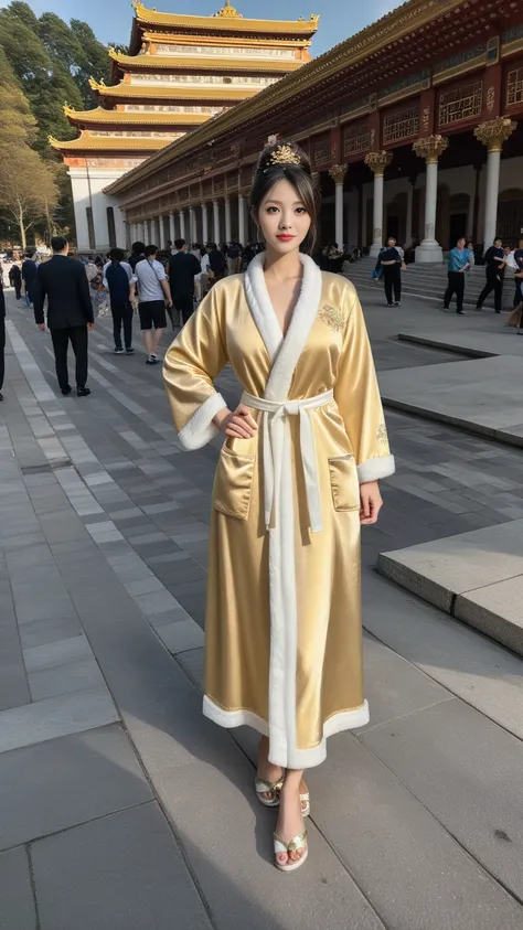 (  highest resolution  , 【【8k, masterpiece:1.3), 
  Elegant Woman  , Chinese goddess, women&#39;s shirts , charming ,   Confident Pride  ,    Chinese Royal Hairstyle   ,
(   She is wearing a yellow luxurious Chinese palace transparent light tulle bathrobe:...