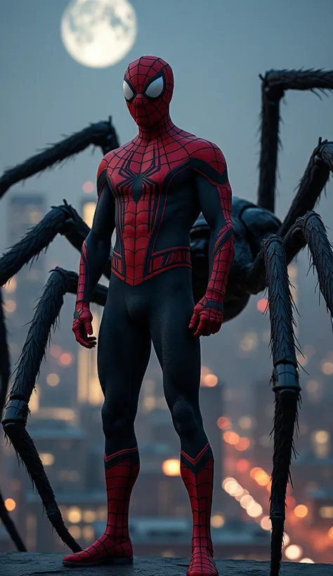 An original spider-themed superhero wearing a sleek red and black suit with intricate web patterns stands heroically on a skyscraper rooftop. Beside the hero is a highly realistic depiction of a large spider, its intricate details illuminated under the moo...