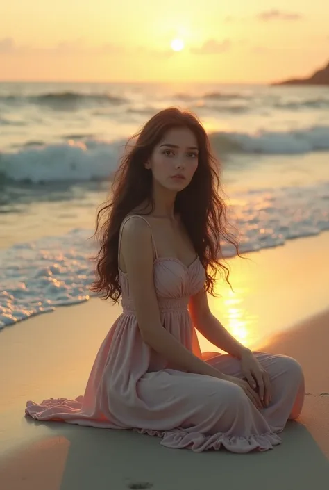 (photorealism:1.2), “At a serene seaside, a beautiful young woman sits alone on the sandy shore, gazing at the endless ocean. Her long, wavy hair flows gently in the breeze, and her tearful eyes reflect deep sadness. She is wearing a simple yet elegant flo...