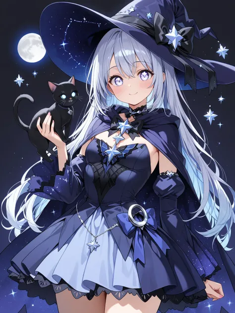 ((masterpiece, best quality, extremely detailed)), 1girl, cute and mysterious witch a young witch with pastel lavender hair adorned with silver moon charms, and shimmering violet eyes. She wears a starry midnight blue dress with billowy sleeves and a sheer...