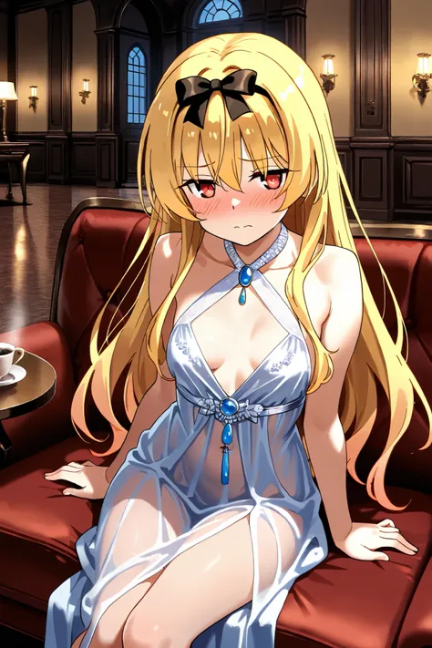 NSFW,masterpiece, top quality, high resolution, very detailed,Yue\(arifureta: from common to world's strongest\), blonde, red eyes、evening dress,Chest cut-in, see-through dress , luxury mansion,bar,Sofa, coffee table,Alcohol,Embarrassed,blush,They are ente...