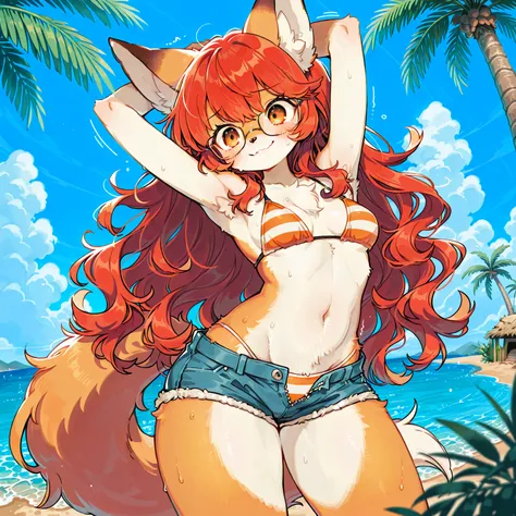 (furry, kemomo:1.5), orange fox girl, very long red hair, wild wavy hair, wolf cut hairstyle, amber eyes, expressive eyes, glasses, animal nose, nervous smile, stretching, orange fur, petite body, A-cup breast size, armpit, thick thighs, orange striped bik...