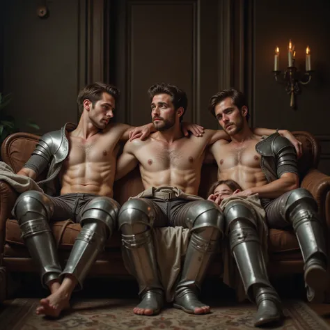 High resolution, masterpiece, photorealistic, three shirtless male knights with orgasm expression in shiny medieval armour sitting on a sofa whose bodies are hugged by three young women with exhausted expression wearing shabby dresses.