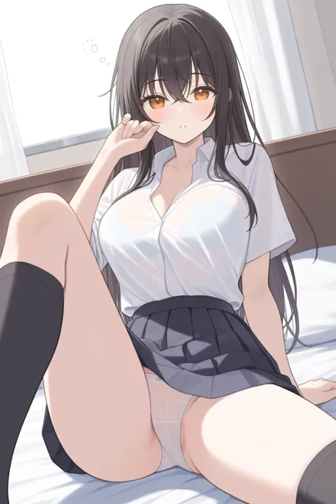 Alone, black hair,  long hair,  amber eyes,  my chest is open、 Outfit Shirt,   navy blue pleated skirt　 evening、after school、Waking up、(Good morning to the viewers)、 white panties （（ See Through Her Panties ）） black knee-high socks、( top quality),( ultra d...