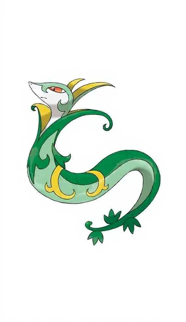 Appearance:
An elongated body like a snake
Yellow-green or yellow pattern on a green body
An elegant and dignified atmosphere
red eyes and a noble look
A yellow crown like a crown on the head
Part of the body is shaped like a leaf or crane
,live-action