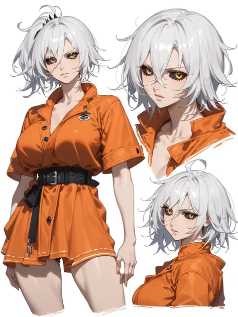 woman,woman madure,short hair,white hair, spiky hair, side ponytail, black jacket, yellow eyes, black sclera, pale skin, rivet on face, robot woman, muscular, bright pupils, black sclera, big breasts,huge breasts,giant breasts, highly detailed, detailed ey...