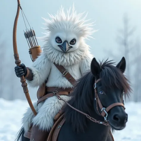 Imagine a white anthro Crow in an arctic atmosphere. Cute Kenku style. Hair on his head is wirey and windblown. Wearing white furs to protect against the cold. Riding a black miniature pony with a long braided main. On his horse he clenches a modern compou...