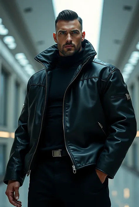 A ful bodied man wearing a black trouser jacket, face and whole body futuristic, realistic high quality