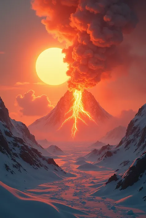  Cinematic setting, an erupting volcano in the middle of the North Pole, bright sun in the background,  chaos and destruction ,  Apocalypse, 4k realista