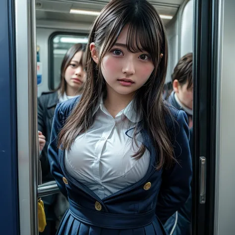 masterpiece, highest quality, female 1, Super detailed, short hair, Japanese high school girl uniform, blush, large breasts, (breast press), arms behind back, Automatic train doors, face is close, Facial Close-up, sweat, pussy juice, (Crowded train:1.1),