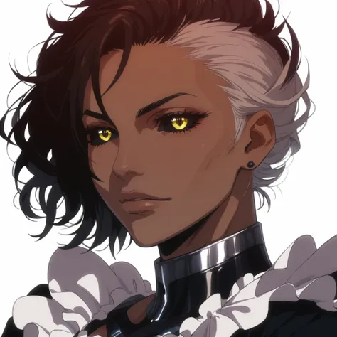 woman,woman madure,short hair,white hair, spiky hair, side ponytail, black jacket, yellow eyes, black sclera, pale skin, rivet on face, robot woman, muscular, bright pupils, black sclera, big breasts,huge breasts,giant breasts, highly detailed, detailed ey...