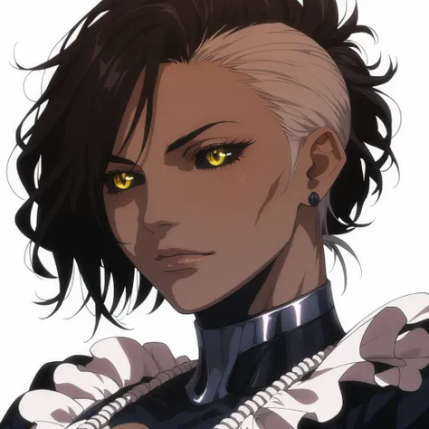 woman,woman madure,short hair,white hair, spiky hair, side ponytail, black jacket, yellow eyes, black sclera, pale skin, rivet on face, robot woman, muscular, bright pupils, black sclera, big breasts,huge breasts,giant breasts, highly detailed, detailed ey...