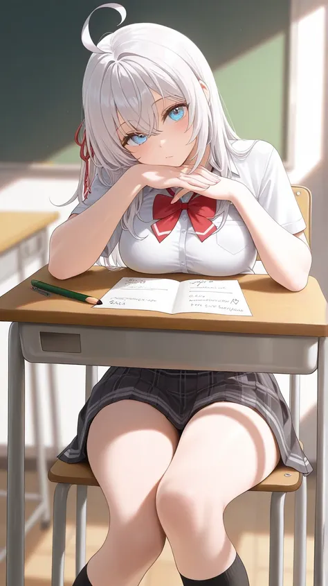 Alisa Mikhailovna Kujou - alya, white hair, long hair, age 18, medium breasts, beauty breasts, beauty legs, high school student, school uniform, sitting, school chair, desk, note, pencil, looking at viewer, White high socks up to the thighs
