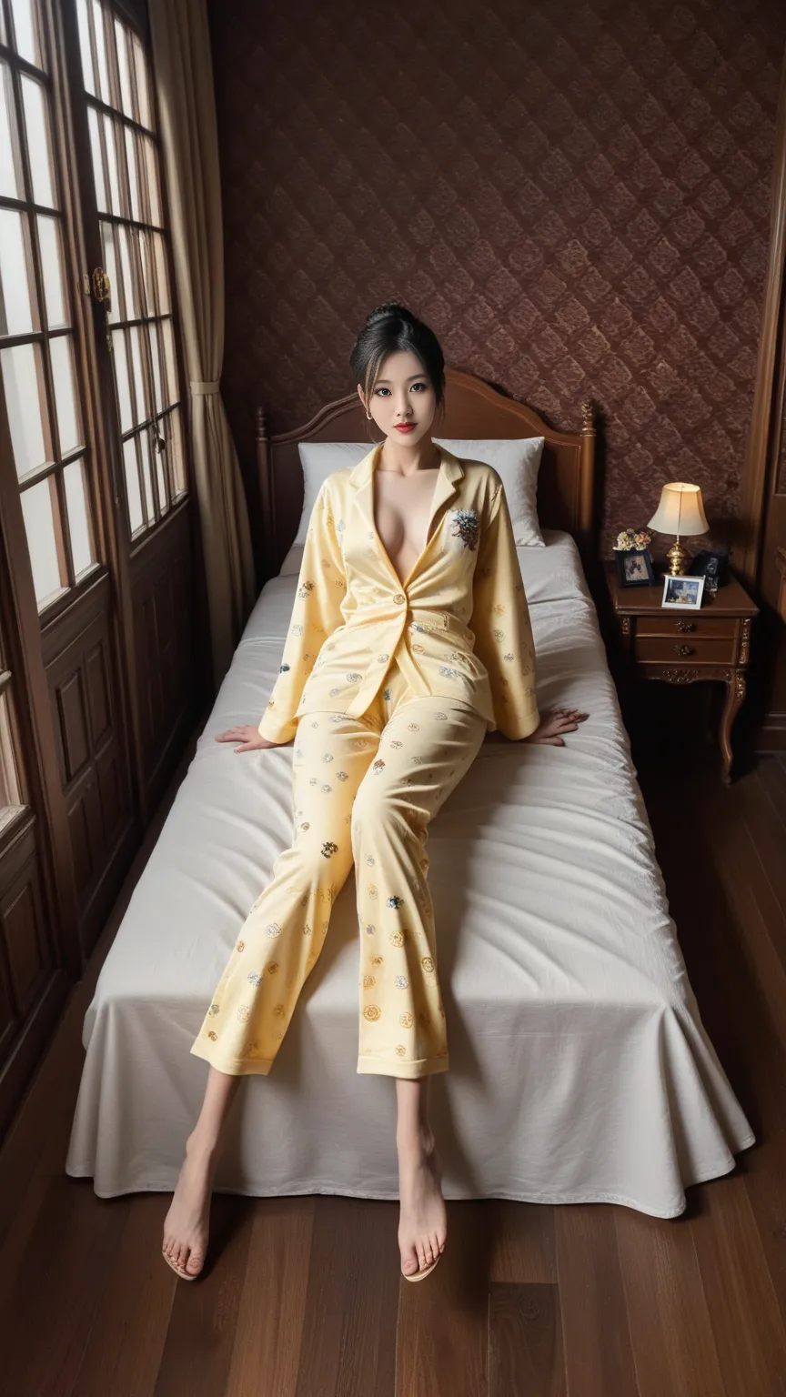 (  highest resolution  , 【【8k, masterpiece:1.3), 
  Elegant Woman  , Chinese goddess, Chen Yuanyuan  , charming ,   Confident Pride  ,    Chinese Royal Hairstyle   ,
(  She is wearing a yellow luxurious Chinese palace transparent light tulle pajamas:1.3), ...