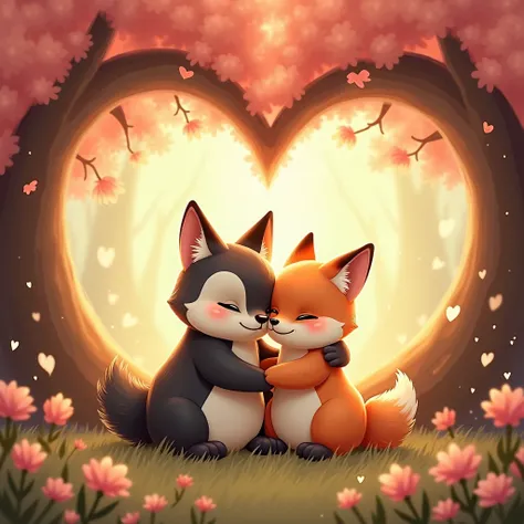 Two adorable animals, like foxes or penguins, snuggling together under a heart-shaped tree, surrounded by flowers and warm, colorful lighting, with a playful and heartwarming tone