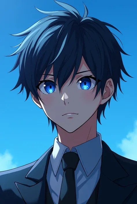 anime character with blue eyes staring at camera in front of blue background, a picture inspired by Okumura Masanobu, tumblr, shin hanga, tall anime guy with blue eyes, badass anime 8 k, trigger anime artstyle, handsome guy in demon slayer art, detailed di...