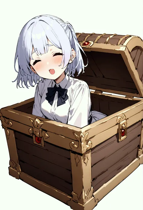  masterpiece, top quality, masterpiece,   high resolution,  freeze , Mimic's treasure chest with a head , 開いたミミックの口の中から freeze の顔が見える, =w=, white background,