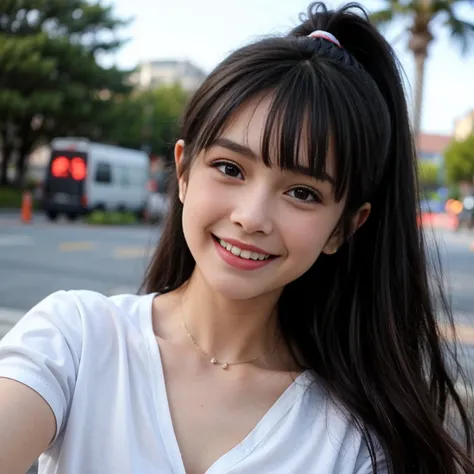 a girl with long hair and a shirt, blush, smile, open mouth, bangs, brown hair, brown eyes, collarbone, white shirt, ponytail, outdoors, teeth, blunt bangs, antenna hair, selfie, reaching towards viewer