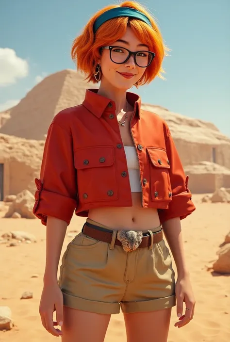 realism, 1woman, score_9,  orange short hair with blue headband and upbeat neck,  smile, green eyes, oval glasses , red colored lips,  thin,  pale skin, god, cropped red buttoned jacket with cropped sleeves,  oval desert shorts with belt and koala buckle, ...