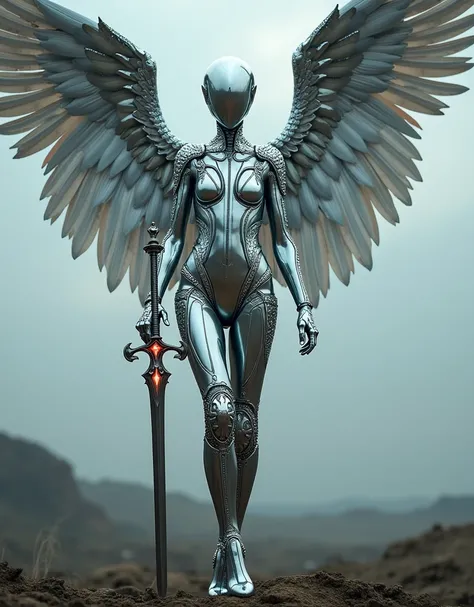 hyper realistic high definition photography image of a beautiful angel wearing a chrome suit, the suit looks futuristic lights up and studded with silver crystals ,shining silver wings, long silver glistening gothic looking sword stuck in the ground " in s...