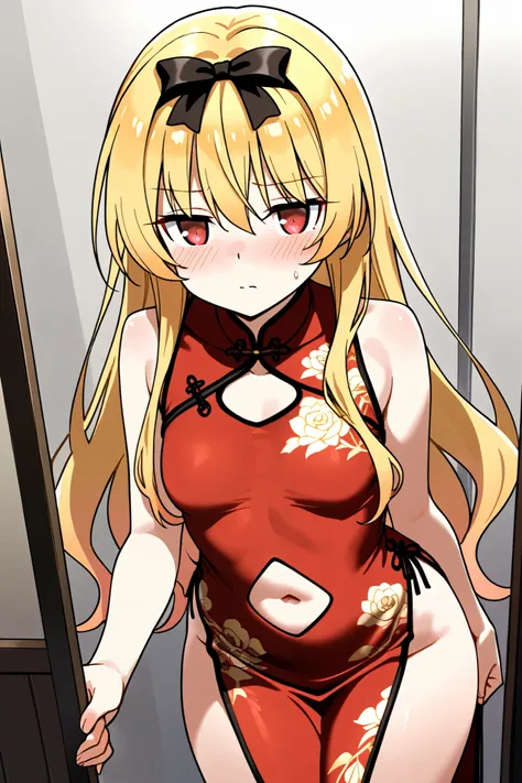 NSFW,masterpiece, top quality, high resolution, very detailed,Yue\(arifureta: from common to world's strongest\), blonde, red eyes, Red China Dress,Belly button cut, are sexually harassed, gets your butt grabbed