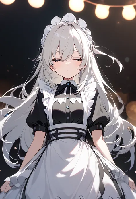  beautiful eyes,  with semi-closed eyes , White long hair。she,  I'm wearing a maid outfit。sheは顔を赤らめて手でハートを作っています.。