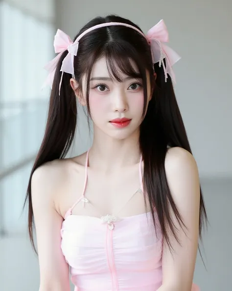 Japanese woman with long hair ,  chest ,  dark brown hair ,  light pink headband  ,  high definition, Wear a light pink shoujo girl dress ,  White short skirt  , ถ่ายแบบ  chest ใหญ่, flaunts soft cheeks, Pink lips  , Keep bangs