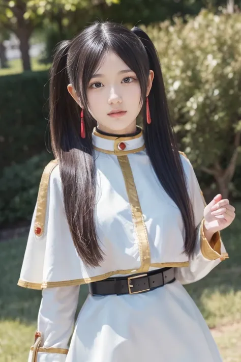  Japanese woman who looks like an idol , long hair , Straight Hair , Round face , bust up , masterpiece,  top quality,  high resolution,  thank you,  long hair,  Twin Tails,  earrings,  thick eyebrows,   white capelet,  striped shirt,  Long Sleeve, belt,  ...