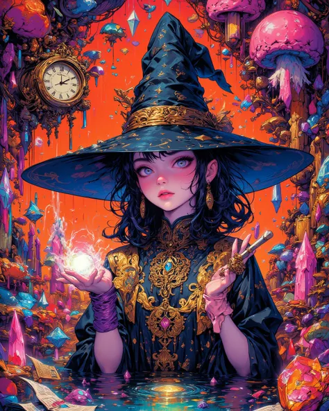 Mental art of a magician girl in an unreal crystal cave, huge hat that completely hides the face of a witch ,Big Hat, giant pointy hat , gold embroidery on a black stole , jet black dress like a mourning suit , a witch's surreal colorful fantasy pop art , ...