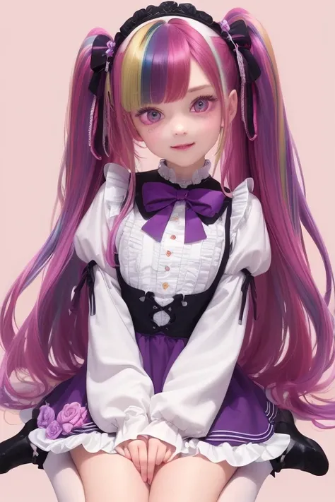 (  top quality,8k,  high resolution,masterpiece:1.3),  high resolution、  one girl 、 Thin fingers 、((  purple color))、 long hair，bang、  floral lolita fashion、  super detailed face  、   super detailed eyes、  full body、  Knee High Socks、 Red pumps、I have 1 pu...