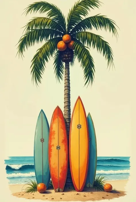 Create a vintage surfwear-inspired scene set on a sandy beach. In the foreground, have several colorful surfboards leaning against a tall, lush coconut tree. The surfboards should feature retro designs, reminiscent of the 1960s and 1970s, with faded colors...