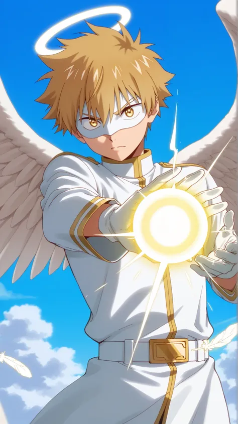 Full pure White hero masked men anime, solo,white angel uniform,white eye mask,white hero mask,white belt,gloves,angel,1boy,male focus,big white angel wing,angel halo,golden eyes,day sky clouds heaven background,male focus,white feathers effect, male focus...