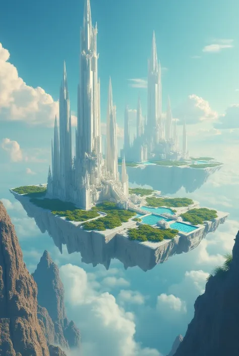 Create a kingdom/floating city in the sky with a magical field surrounded by magic crystals and a city with shades of white marble 