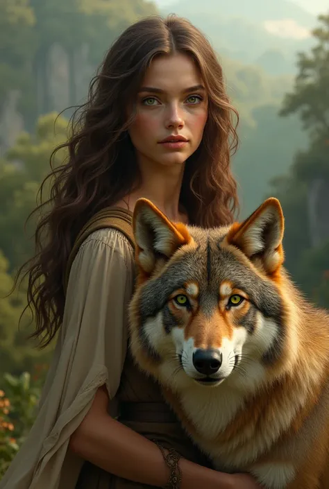  18 years old, white,  long brown hair ,  green eyes, with a brown wolf by your side