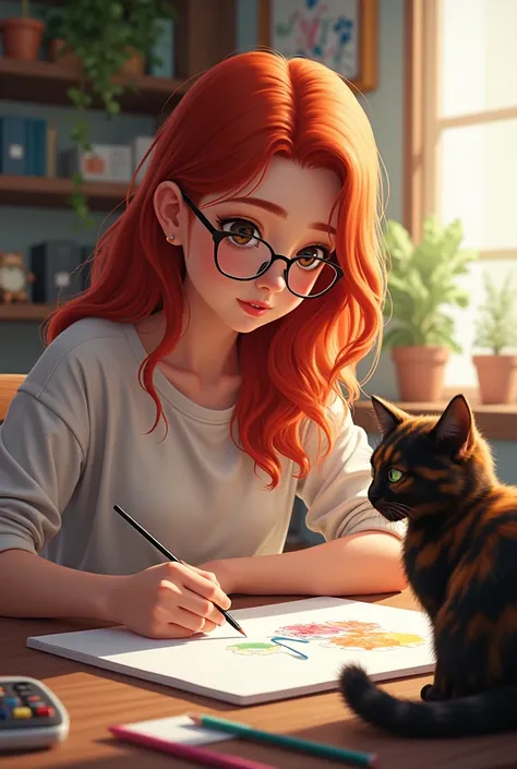 Young redheaded woman with hexagonal glasses coloring with a tortoiseshell cat