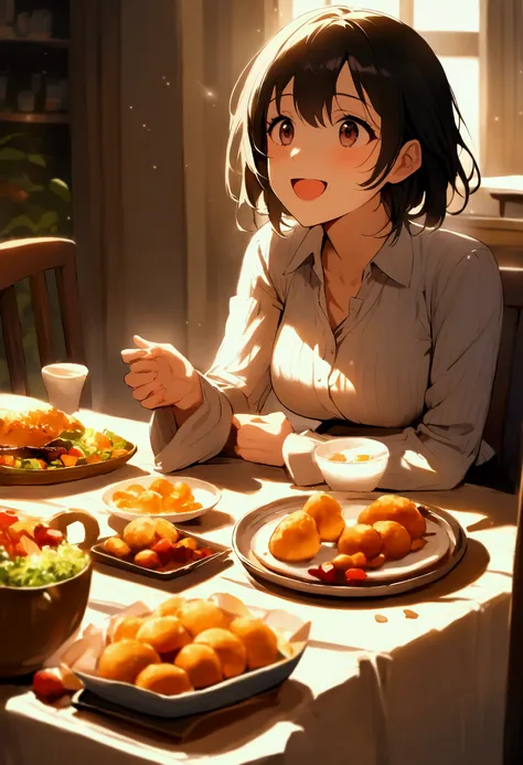 A woman is happy to see the food lined up on the table in the living room