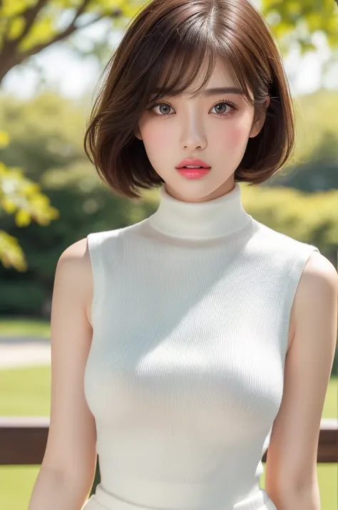 ( top quality、 table top、8k、 best image quality、 Award-winning work )、  、Age 25、( alone:1.1)、perfect and beautiful composition 、 Perfect fit 、( emphasizes body line:1.1)、(  very short hair:1.3)、( perfect white turtleneck sleeveless knit sweater:1.2)、( eleg...