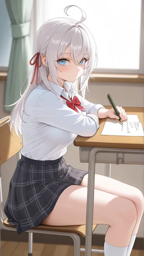 Alisa Mikhailovna Kujou - alya, white hair, long hair, age 18, medium breasts, beauty breasts, beauty legs, high school student, school uniform, sitting, school chair, desk, note, pencil, looking at viewer, Thigh-length white high socks
