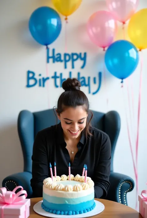 Create a realistic a profile picture where a 21 year old girl  queen
cutting his birthday cake facing forward in smile face, black shirt, sitting casually on a wingback chair there are gift lying on the ground along both sides of the chair and the cake is ...