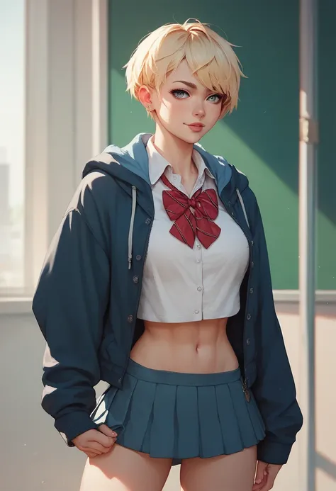 Sexy blonde girl, short hair style, perfect body, wearing a school uniform with a open hoodie, anime, standing