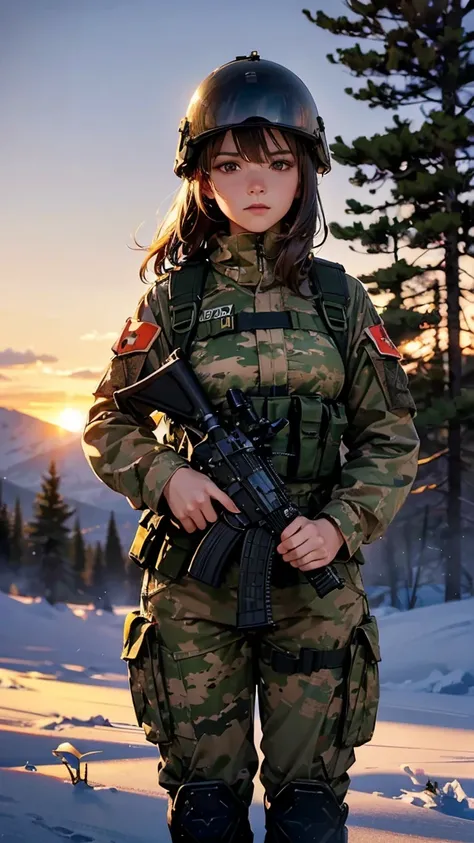 "  The realistic depiction of a beautiful Canadian soldier standing confidently in a panoramic outdoor setting,   like a dense evergreen forest or a snowy mountainous landscape  .   She is wearing a camouflage uniform Modern Canadian Armed Forces  ,  compl...